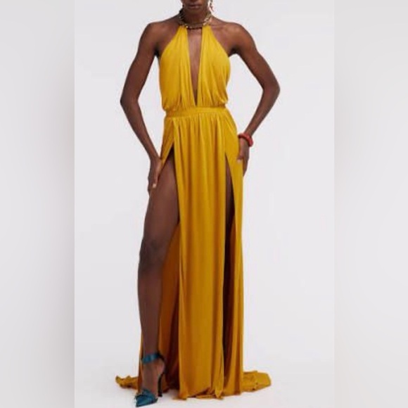mustard yellow flowy dress Mustard Yellow Ruffled Maxi Dress – 21C